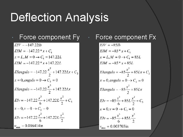 Deflection Analysis Force component Fy Force component Fx 