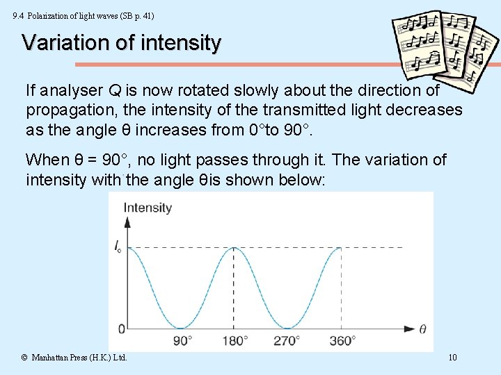 9. 4 Polarization of light waves (SB p. 41) Variation of intensity If analyser