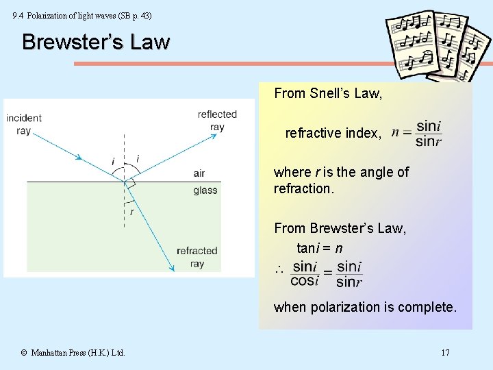 9. 4 Polarization of light waves (SB p. 43) Brewster’s Law From Snell’s Law,