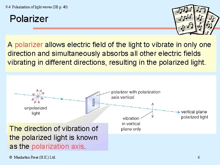 9. 4 Polarization of light waves (SB p. 40) Polarizer A polarizer allows electric