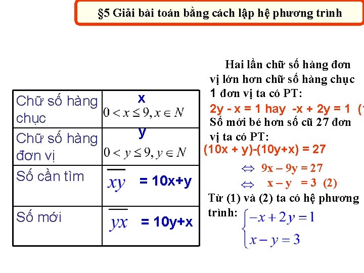 § 5 Giải bài toán bằng cách lập hệ phương trình Chữ số hàng