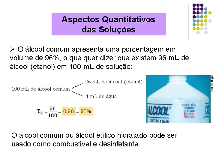Aspectos Quantitativos das Soluções Ø O álcool comum apresenta uma porcentagem em volume de