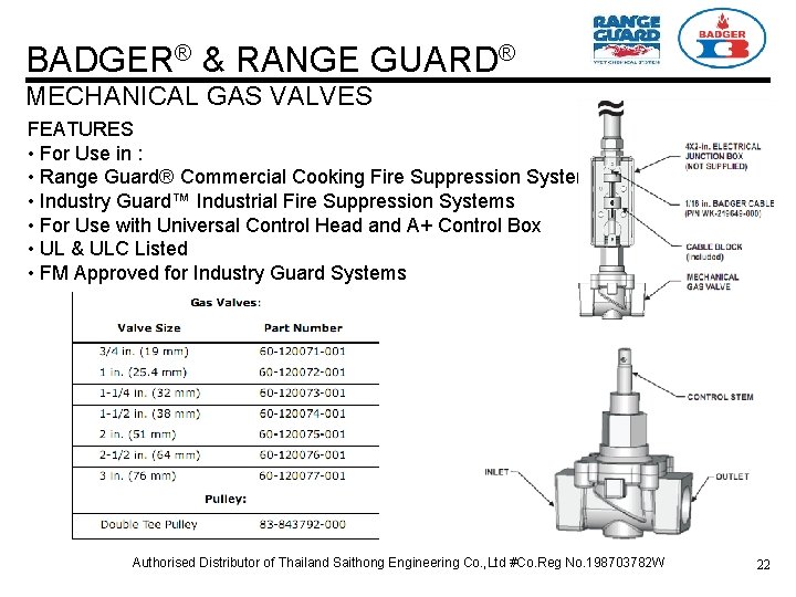 BADGER® & RANGE GUARD® MECHANICAL GAS VALVES FEATURES • For Use in : •