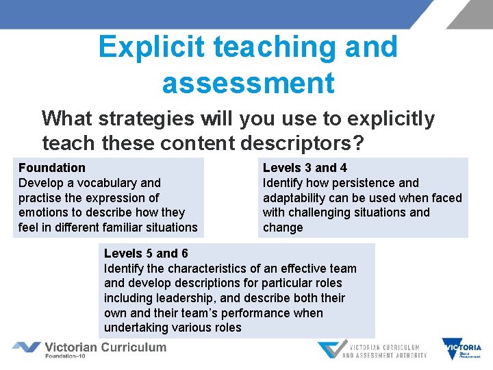 Explicit teaching and assessment What strategies will you use to explicitly teach these content