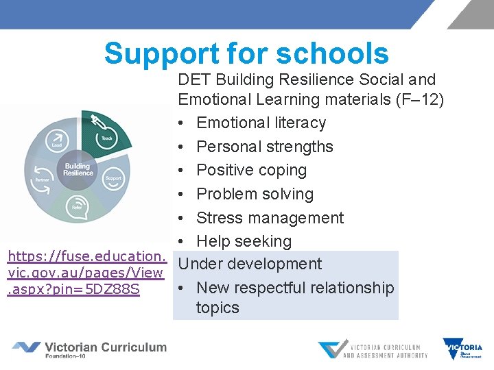 Support for schools DET Building Resilience Social and Emotional Learning materials (F– 12) •