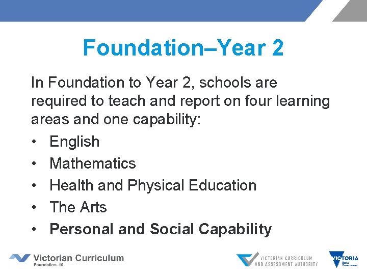 Foundation–Year 2 In Foundation to Year 2, schools are required to teach and report