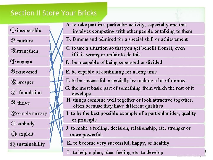 Section II Store Your Bricks ① inseparable A. to take part in a particular