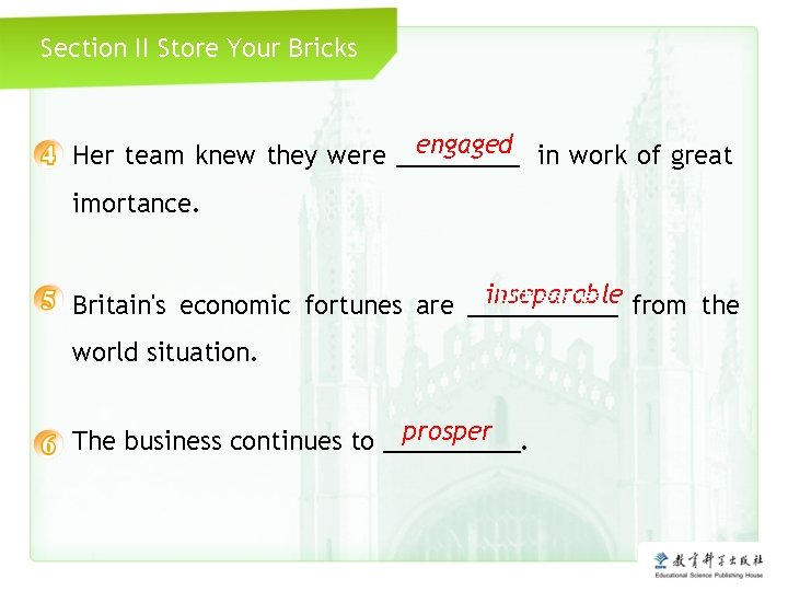 Section II Store Your Bricks engaged Click me Her team knew they were _____