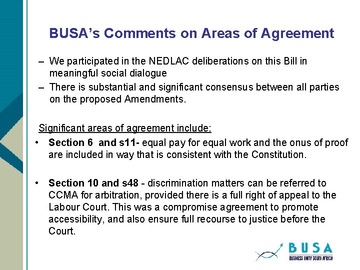 BUSA’s Comments on Areas of Agreement – We participated in the NEDLAC deliberations on