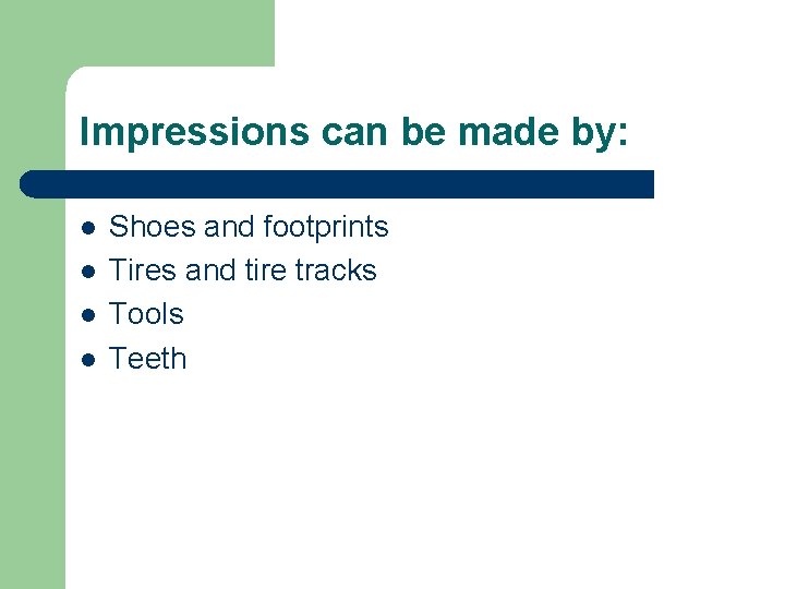 Impressions can be made by: l l Shoes and footprints Tires and tire tracks