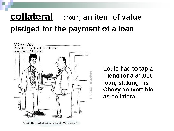 collateral – (noun) an item of value pledged for the payment of a loan