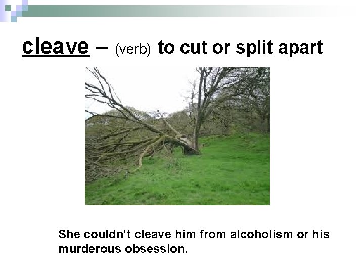 cleave – (verb) to cut or split apart She couldn’t cleave him from alcoholism