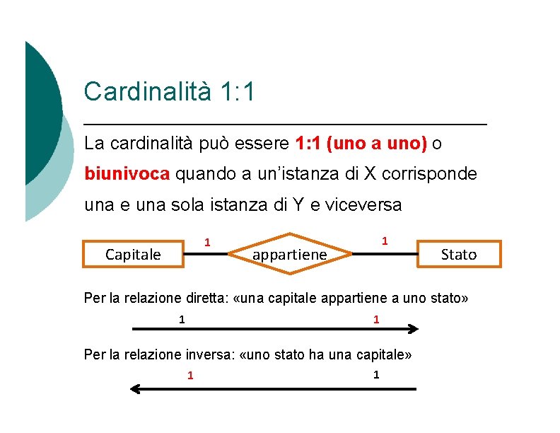 Cardinalità 1: 1 La cardinalità può essere 1: 1 (uno a uno) o biunivoca