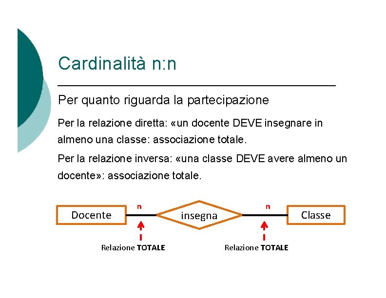 Cardinalità n: n Per quanto riguarda la partecipazione Per la relazione diretta: «un docente