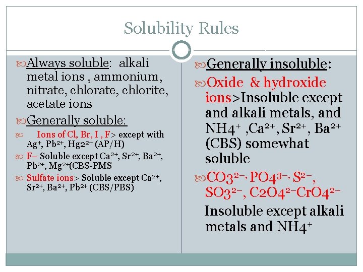 Solubility Rules Always soluble: alkali metal ions , ammonium, nitrate, chlorite, acetate ions Generally