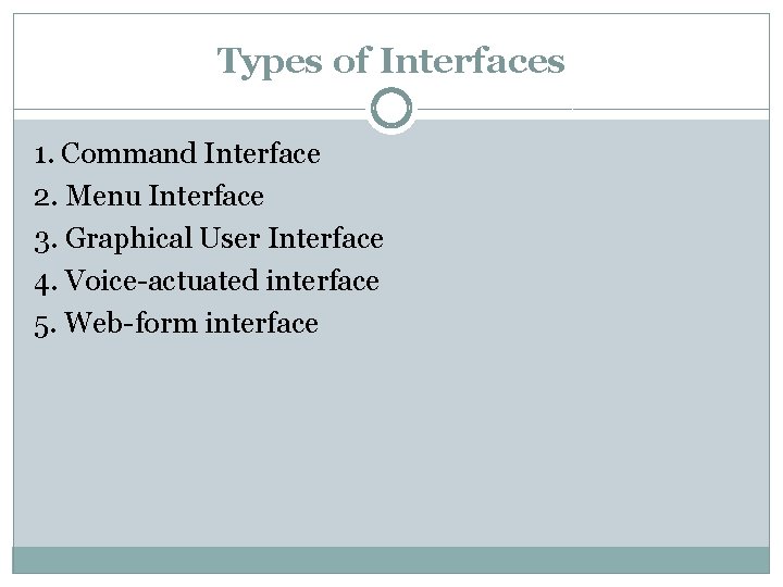 Types of Interfaces 1. Command Interface 2. Menu Interface 3. Graphical User Interface 4.