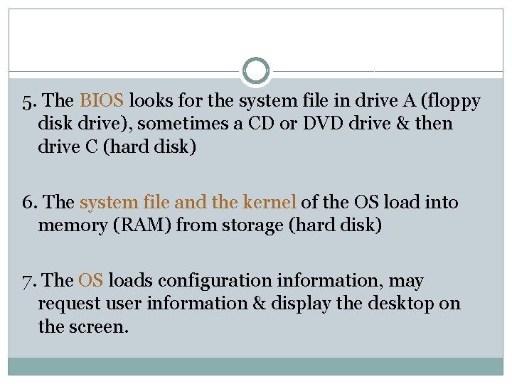 5. The BIOS looks for the system file in drive A (floppy disk drive),