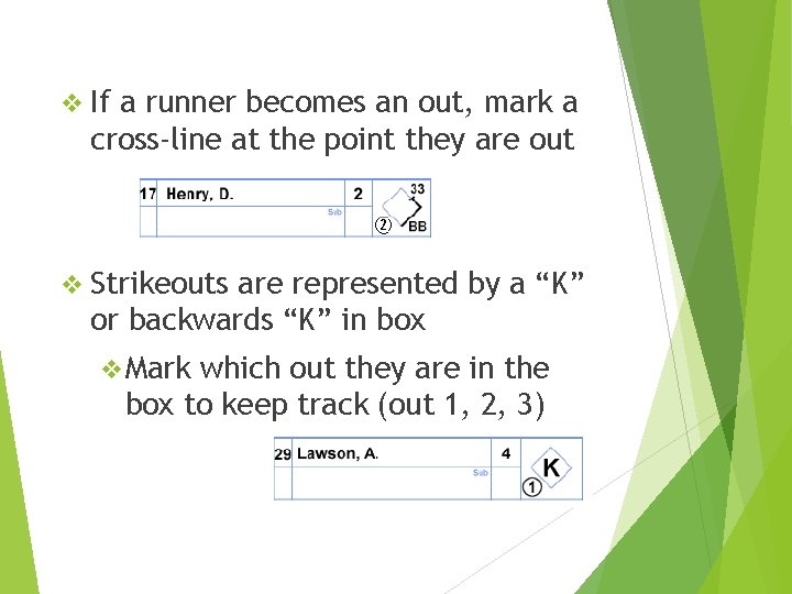 v If a runner becomes an out, mark a cross-line at the point they