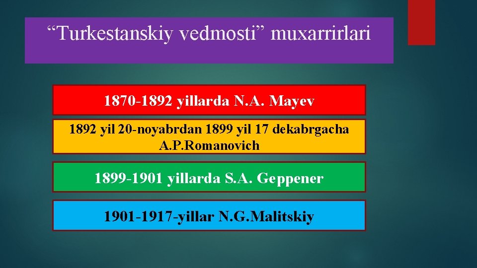 “Turkestanskiy vedmosti” muxarrirlari 1870 -1892 yillarda N. A. Mayev 1892 yil 20 -noyabrdan 1899