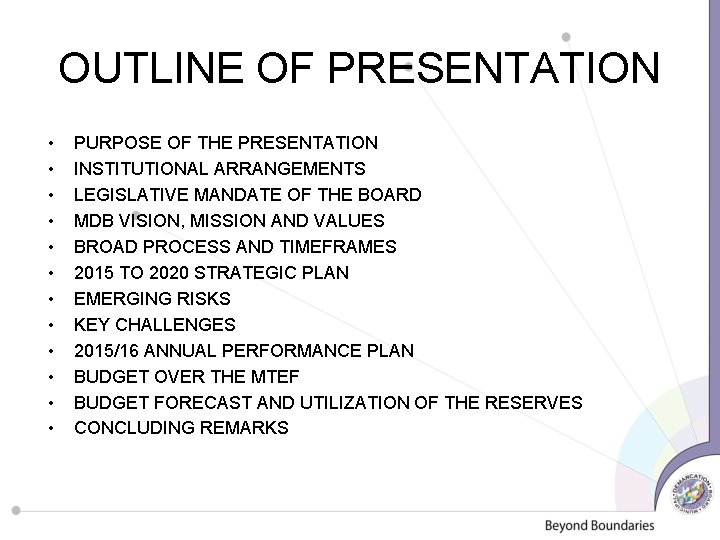 OUTLINE OF PRESENTATION • • • PURPOSE OF THE PRESENTATION INSTITUTIONAL ARRANGEMENTS LEGISLATIVE MANDATE