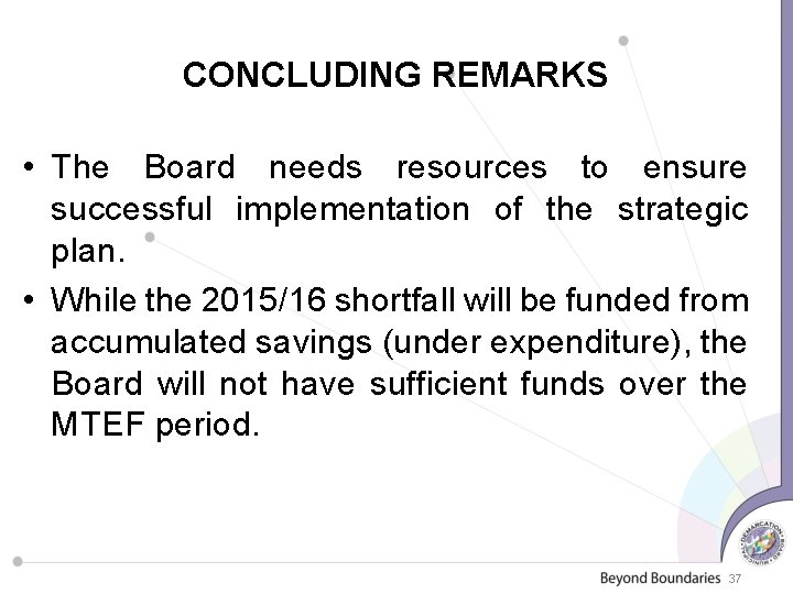 CONCLUDING REMARKS • The Board needs resources to ensure successful implementation of the strategic