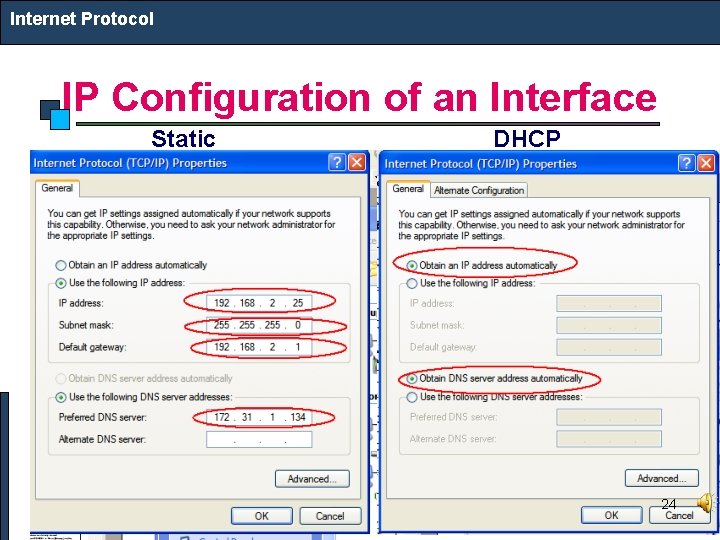 Internet Protocol IP Configuration of an Interface Static DHCP 24 