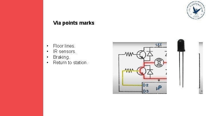 Via points marks • • Floor lines. IR sensors. Braking. Return to station. 