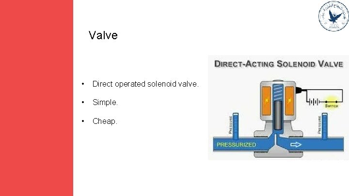 Valve • Direct operated solenoid valve. • Simple. • Cheap. 