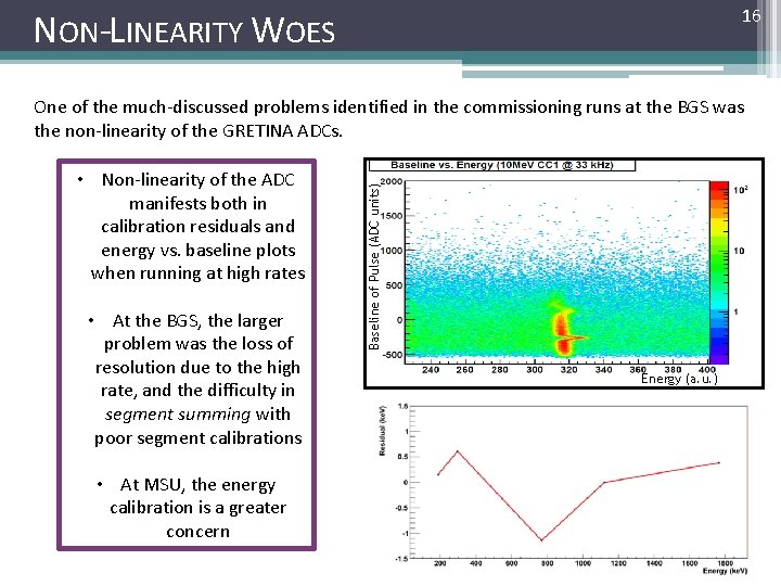 16 NON-LINEARITY WOES • Non-linearity of the ADC manifests both in calibration residuals and