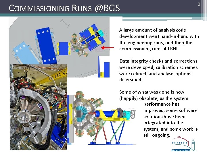 COMMISSIONING RUNS @BGS 3 A large amount of analysis code development went hand-in-hand with