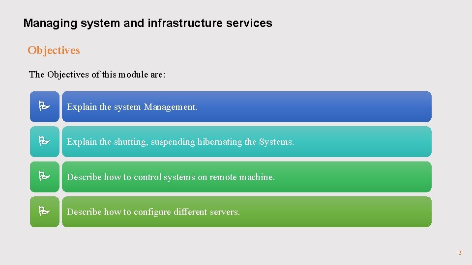 Managing system and infrastructure services Objectives The Objectives of this module are: P Explain