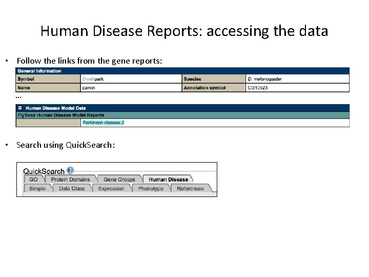 Human Disease Reports: accessing the data • Follow the links from the gene reports: