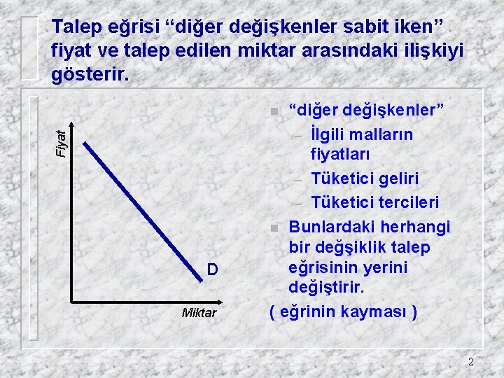 Talep eğrisi “diğer değişkenler sabit iken” fiyat ve talep edilen miktar arasındaki ilişkiyi gösterir.