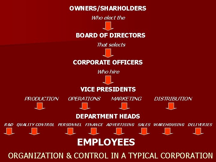 OWNERS/SHARHOLDERS Who elect the BOARD OF DIRECTORS That selects CORPORATE OFFICERS Who hire VICE