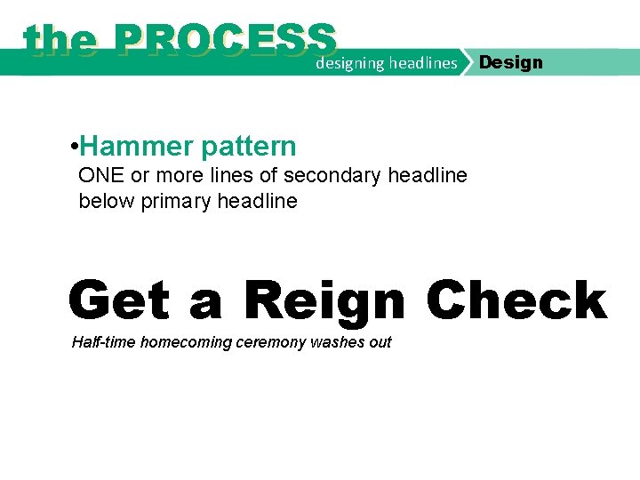 the PROCESS designing headlines Design • Hammer pattern ONE or more lines of secondary