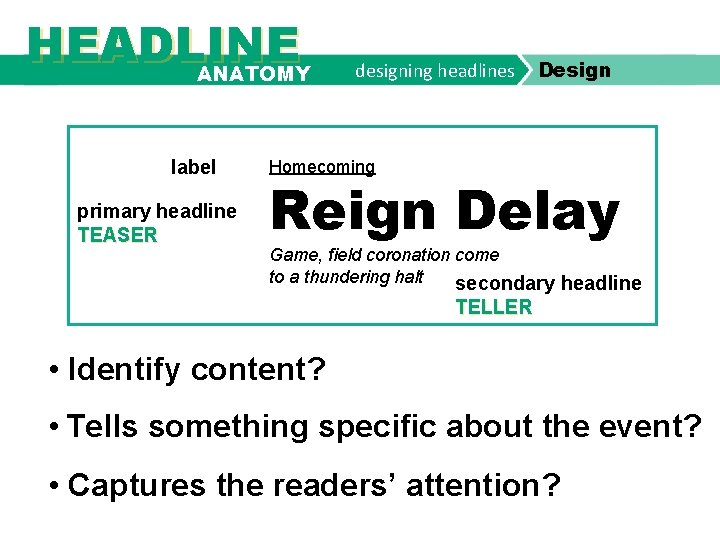 HEADLINE ANATOMY label primary headline TEASER designing headlines Design Homecoming Reign Delay Game, field