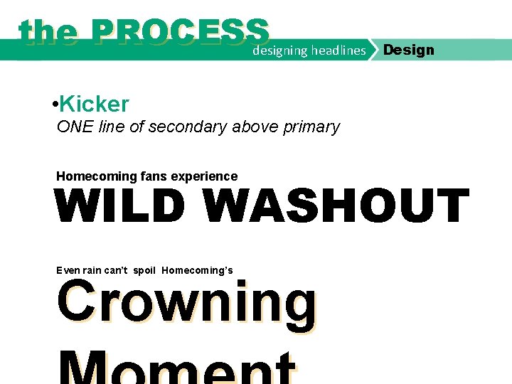 the PROCESS designing headlines Design • Kicker ONE line of secondary above primary Homecoming