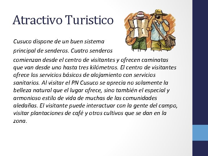 Atractivo Turistico Cusuco dispone de un buen sistema principal de senderos. Cuatro senderos comienzan