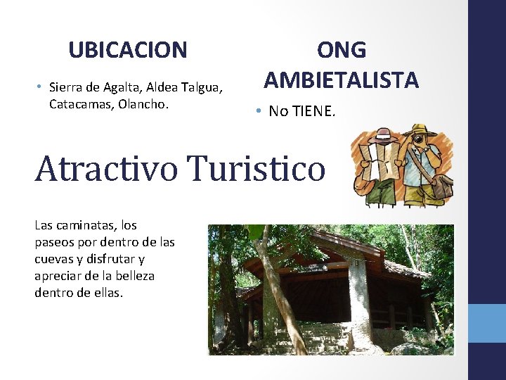 UBICACION • Sierra de Agalta, Aldea Talgua, Catacamas, Olancho. ONG AMBIETALISTA • No TIENE.