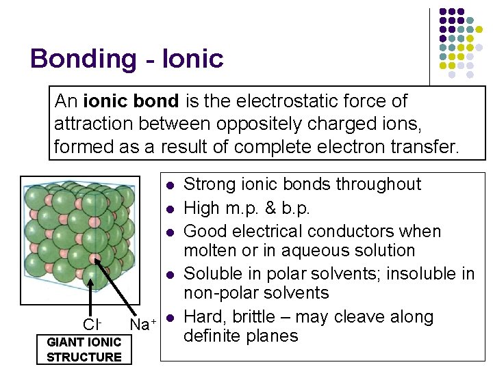 Bonding - Ionic An ionic bond is the electrostatic force of attraction between oppositely