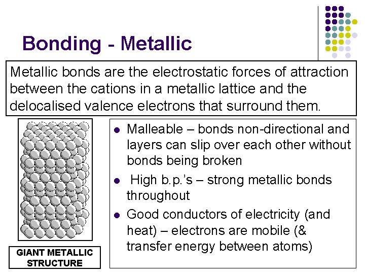 Bonding - Metallic bonds are the electrostatic forces of attraction between the cations in