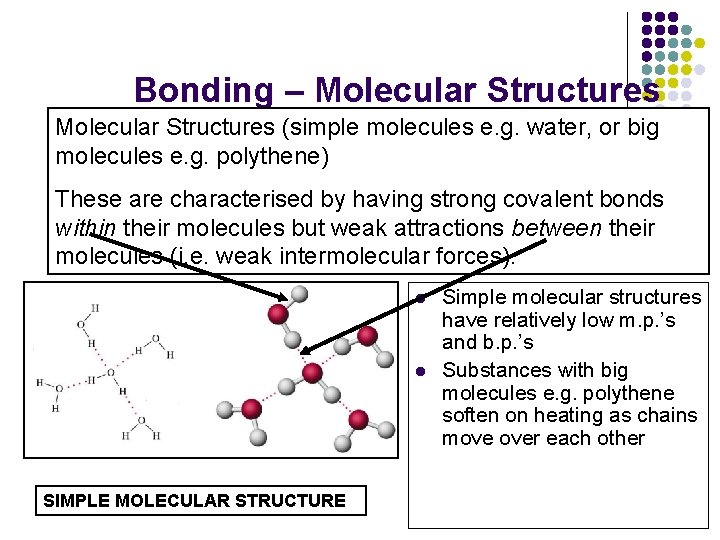 Bonding – Molecular Structures (simple molecules e. g. water, or big molecules e. g.