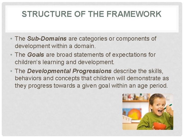 STRUCTURE OF THE FRAMEWORK • The Sub-Domains are categories or components of development within STRUCTURE OF THE FRAMEWORK • The Sub-Domains are categories or components of development within