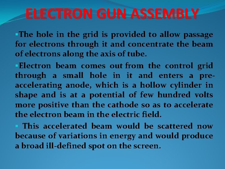 ELECTRON GUN ASSEMBLY §The hole in the grid is provided to allow passage for