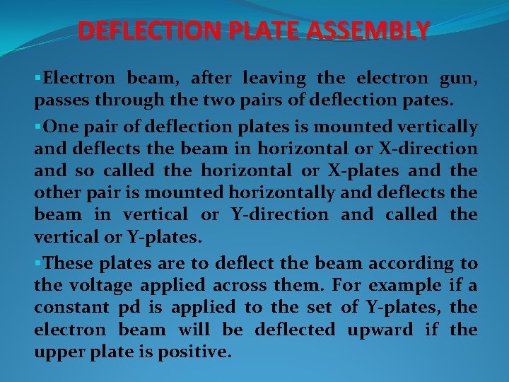 DEFLECTION PLATE ASSEMBLY §Electron beam, after leaving the electron gun, passes through the two