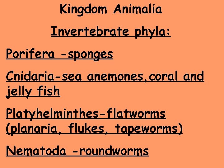 Kingdom Animalia Invertebrate phyla: Porifera -sponges Cnidaria-sea anemones, coral and jelly fish Platyhelminthes-flatworms (planaria,