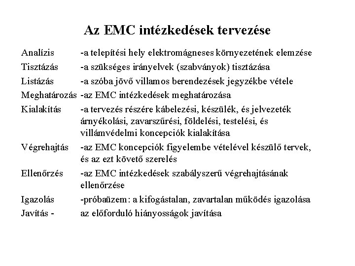 Az EMC intézkedések tervezése Analízis Tisztázás Listázás Meghatározás Kialakítás Végrehajtás Ellenőrzés Igazolás Javítás -