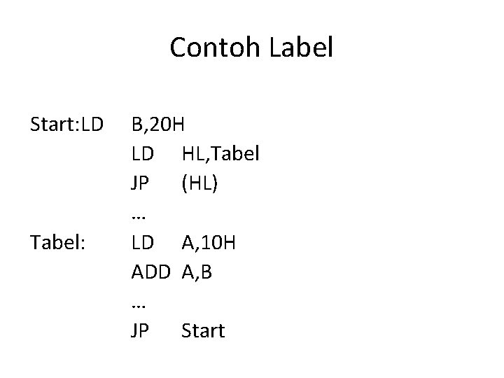 Contoh Label Start: LD Tabel: B, 20 H LD HL, Tabel JP (HL) …
