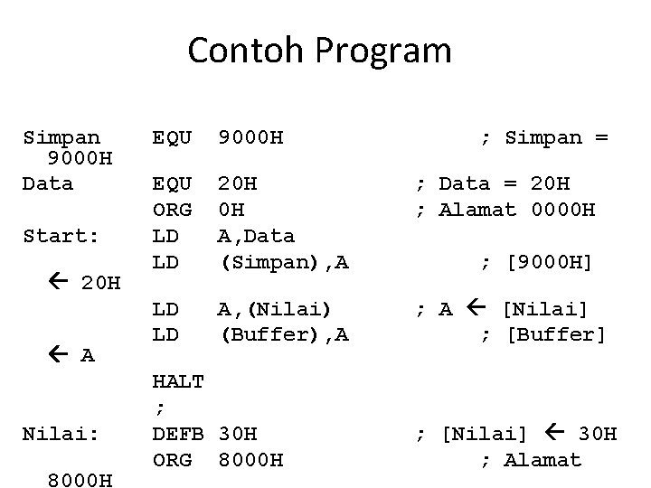 Contoh Program Simpan 9000 H Data Start: 20 H A Nilai: 8000 H EQU