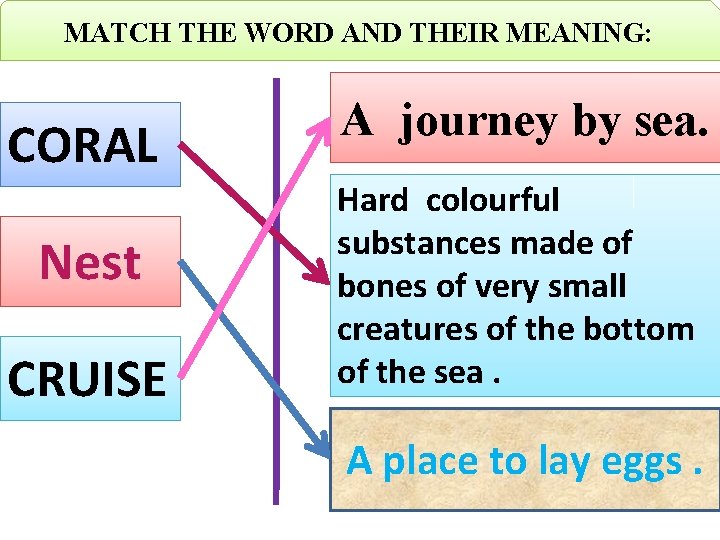 MATCH THE WORD AND THEIR MEANING: CORAL Nest CRUISE A journey by sea. Hard